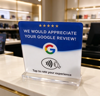 Carte Google Review Tap Card 12*12cm, plaque en acrylique, support de bureau transparent, puce NFC NTAG213, sans adhésif au dos pour les entreprises