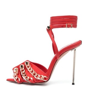 Sandalias de tacón de aguja para mujer, talla grande 45, ajuste ancho, con cadena metálica y correa al tobillo, tacones altos y delgados, para verano, exterior y fiesta - Product Image 4