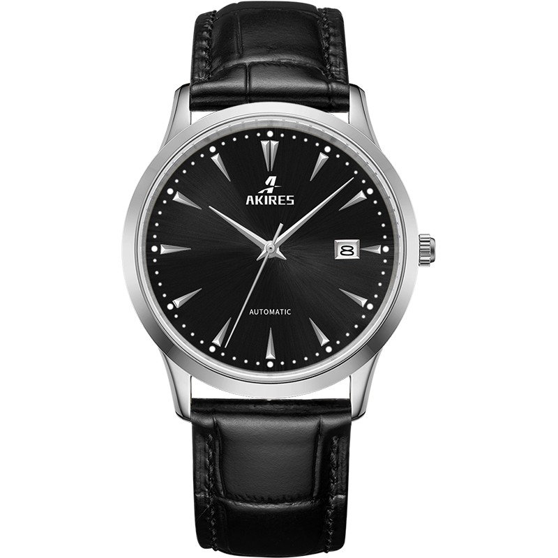 Silver case black dial black band