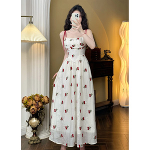 French Print Small <strong>Cherry</strong> Suspender Skirt for Women 2024 Summer Gentle Sweet Temperament Waist-controlled Slimming Holiday <strong>Dress</strong> - Product Image 1