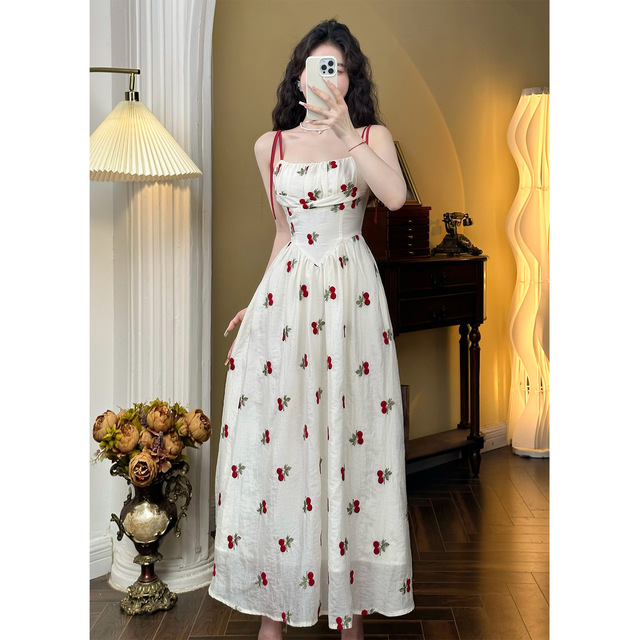 French Print Small Cherry Suspender Skirt for Women 2024 Summer Gentle Sweet Temperament Waist-controlled Slimming Holiday Dress