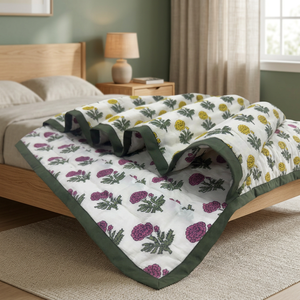 Ridhi Organic Handmade Marigold Print <b>Quilted</b> 100% Cotton Luxury Oversized Blanket Sage Lap <b>Bedding</b> Coverlet - Product Image 3