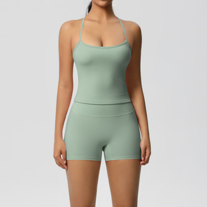 Pantaloncini da corsa a compressione leggeri comodi da donna Set di canottiere in tinta unita traspirante per Yoga con chiusura elastica in vita - Product Image 4
