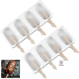 CHUJU Custom Popsicle Ice Cream Mould Silicone Ice Pop Molds 4 Cavities Ice Cream Mold with 50 Wooden Sticks for DIY Popsicle