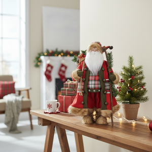 Classic Plaid Santa Claus with <b>Fur</b> <b>Trim</b> Jingle Bells Staff for Traditional Country Christmas Porch Display - Product Image 3
