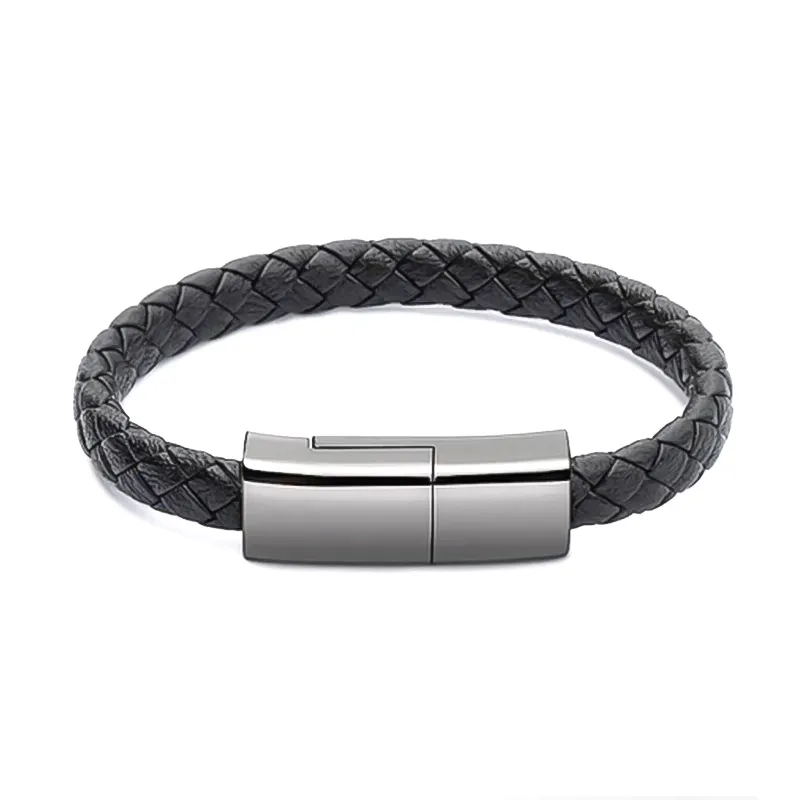 Newest Gift Single Lines Charging Wristband Cable Leather and aluminum alloy interface USB Data Cable Bracelet
