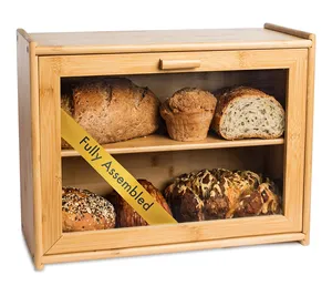 Bamboo Bread Box with Clear Front Window Kitchen Large Bread Box 2 Layer Farmhouse Style Bread Bin for Counter