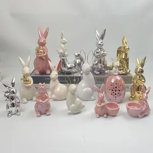 Patung-patung Easter Bunny Putih Ornamen Paskah Koleksi Patung Miniatur Taman Kelinci Peri, Keramik