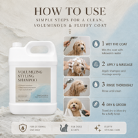 Shampoo volumisant pour chiens et chats, soin coiffant pour un pelage moelleux avec formule au sel et à la boue de la Mer Morte