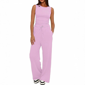 Vêtements de mode pour femmes en gros : Ensemble décontracté streetwear sans manches, col rond, taille haute, jambe large, avec logo sérigraphié - Product Image 6