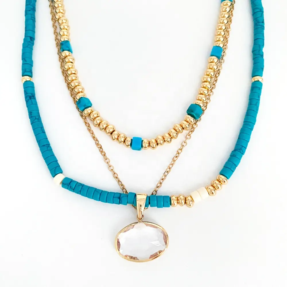 Fashion Multi layered boho turq seed beaded diamond crystal pendant CCB Gold chain necklace