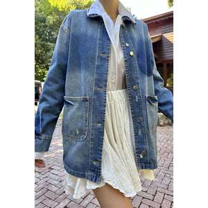 Veste en jean vintage bleue pour femme, 100% coton, à volants, manches longues, coupe oversize, style décontracté streetwear, vêtement d'extérieur tendance - Product Image 2