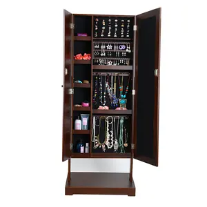 High quality oversized large solid two door brown wood standing floor jewelry armoire cabinet with mirror