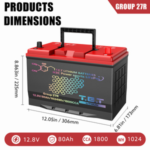 Baterai Starter Mobil Isi Ulang T.E.T 12V 80Ah LiFePO4 (LFP) - Dilengkapi Bluetooth Model Grup 27 Garansi 2 Tahun 300A Kontinu - Product Image 2