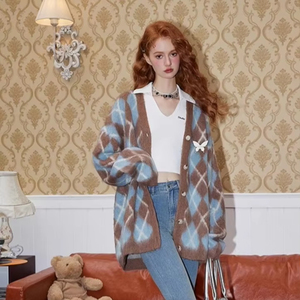 Hợp Thời Trang Của Phụ Nữ Lỏng Lười Biếng Phong Cách Dệt Kim Cardigan Áo Màu Hồng Nâu Kim Cương Mô Hình Mohair Váy Phụ Nữ Thoáng Khí Cardigan Áo Len - Product Image 2