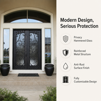 Porte d'entrée moderne en fer forgé, artisanale, avec décorations en volutes, verre martelé, anti-rouille, sécurité, porte simple, sur mesure