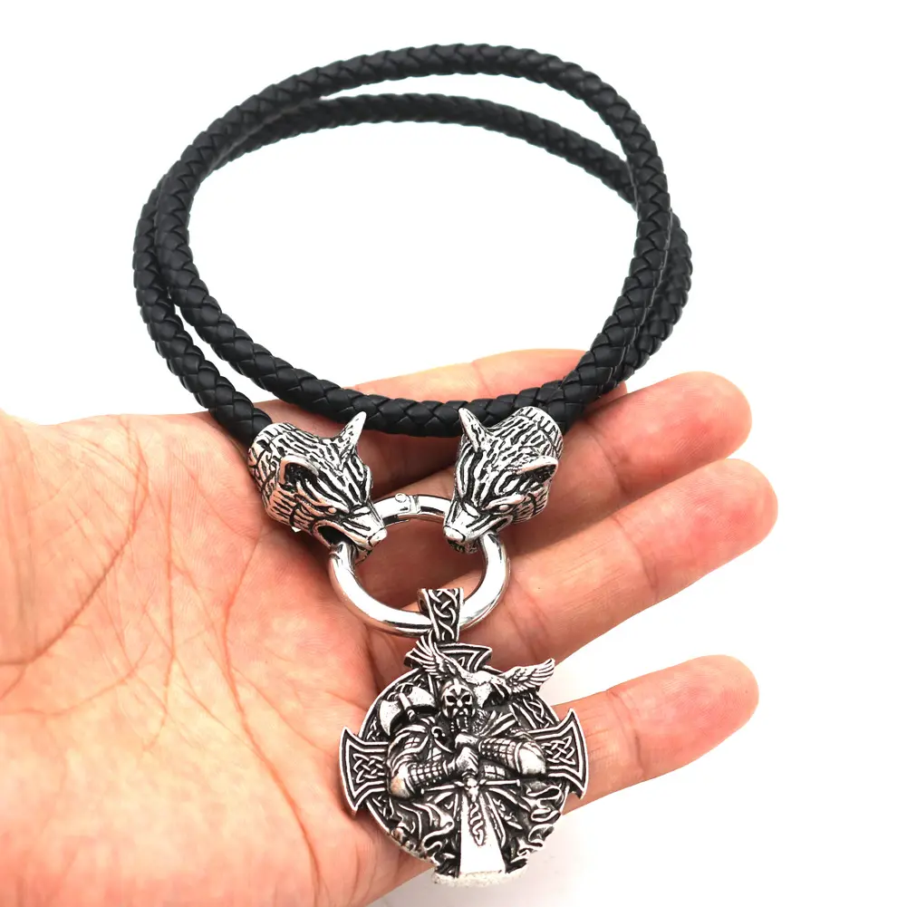 Wholesale Fashion Jewelry Double Wolf Head Pendant Leather Chain Men's Necklace