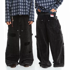 Pantaloni Cargo da Uomo in Corduroy Stile Retrò, Gamba Larga, Vestibilità Ampia, con Inserti Distressed sulle Ginocchia, Chiusura con Cerniera, Stile Hip Hop, in Cotone Lavato - Product Image 2