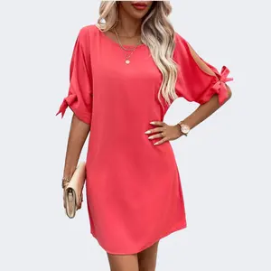 Gaun tunik pita polos gaun manset simpul terpisah merah muda desain OEM mode gaun wanita musim panas kasual