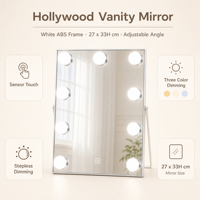 Miroir de maquillage éclairé en bois blanc avec lumières, 27 cm, angle réglable, 3 modes de couleur, variateur d'intensité, capteur tactile