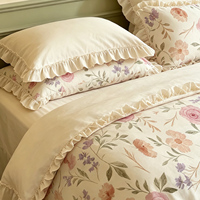 Parure de lit Rose Victorienne 100% Coton Rose Poudré Grande Housse de Couette Florale avec Volants Extra Larges Linge de Lit Vintage