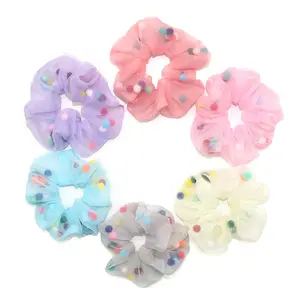 New Arrival Bán Sỉ Thời Trang Phụ Nữ Tóc Tie Màu Organza Tóc Đàn Hồi Scrunchies Với Balls