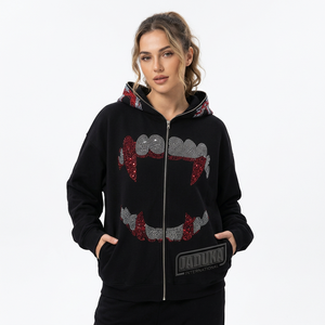 Sweat à capuche noir pour femme avec logo personnalisé, orné de strass, fermeture éclair, manches longues, style décontracté et streetwear, avec cristaux scintillants - Product Image 1