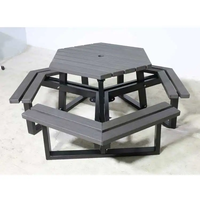 Mobilier d'extérieur commercial, grande table de pique-nique hexagonale en bois pour camping, restaurant, table à manger et chaises pour l'extérieur du parc