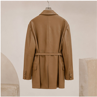 Blazer en cuir d'agneau mi-long pour femmes, marron, à revers crantés, avec ceinture à la taille et plusieurs poches, vêtement d'extérieur en peau de mouton