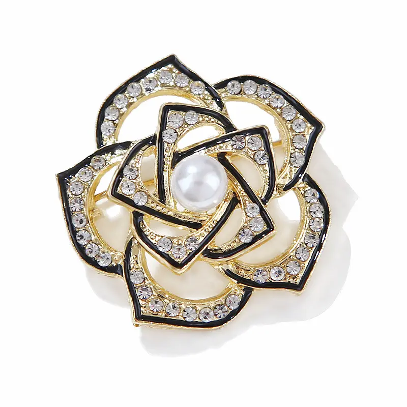 Moda Esmalte Pérola Strass Jóias Oco Flores Camélia Broche Pin Para Casaco Vestido Mulheres