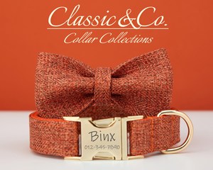 Orange Tweed cá nhân chó cổ áo BOW TIE Dây Xích thiết lập, tùy chỉnh khắc tên vật nuôi kim loại khóa, lilac sinh nhật Puppy quà tặng, miễn phí - Product Image 2