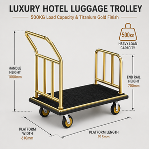 Hotel luggage <b>cart</b>, <b>hand</b>-push flat trolley with stainless steel silent wheels, concierge lobby - Product Image 5