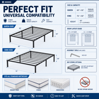 Cadre de lit king size en métal, support à lattes en acier robuste, plateforme moderne pour matelas, sans bruit, montage facile