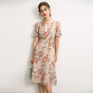 2022 Silk Dress New Design Fashion Summer Dress Flower Printed Dress Silk Skirt For Outside Travel
