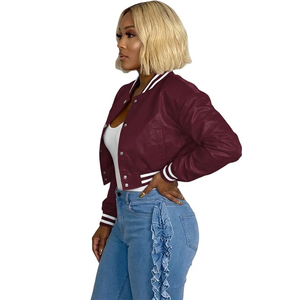 Burgundy PU Leather Varsity <b>Jacket</b> With <b>White</b> Trim Turn-Down Collar Button Closure Regular Fit Autumn Wear - Product Image 3