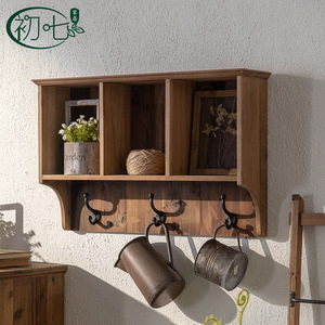 Wabi Sabi Solid Wood Wall <b>Shelf</b> Two Layer With <b>Hooks</b> For Entryway Display - Product Image 4