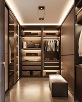Dressing sur mesure haut de gamme avec bandes lumineuses LED et armoire couleur noyer, mobilier de chambre à coucher