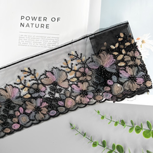 Cinta de Encaje de Malla Floral Bordada con Cuentas al por Mayor <span class=keywords><strong>para</strong></span> Decoración de Vestidos de Novia y Vestidos de Noche - Product Image 1