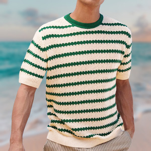 Pull en tricot rayé pour homme, manches courtes, col rond, style décontracté d'été, vert et blanc, style jeune - Product Image 3