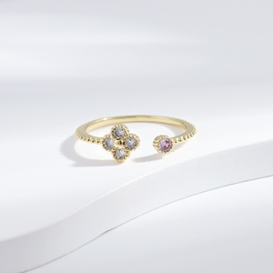 custom plata 925 <b>silver</b> clover gemstone gold plated <b>ring</b> zircon designer dainty <b>adjustable</b> cheap summer finger <b>rings</b> for girls - Product Image 1