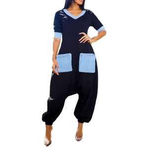 Mono informal de mezclilla con cuello en V, diseño de bloques de color y elástico, para mujer, a la moda - Product Image 3