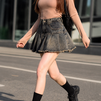 Jupes mini en jean gris plissées taille haute vintage pour femmes - Style Y2K avec ourlet effiloché - Grandes tailles - Plissées bohèmes élégantes