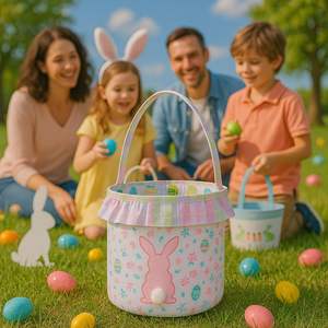 Fournitures, accessoires et décorations pour les fêtes de printemps et de Pâques, panier de Pâques <span class=keywords><strong>en</strong></span> <span class=keywords><strong>toile</strong></span> à volants avec carton à œufs floral, vente <span class=keywords><strong>en</strong></span> gros avec pompon - Product Image 3