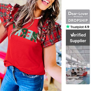 יקר-מאהב הסיטונאי נשים ערמומי פנינה גזוז שרוול patchעבודת chenille מכתב חג המולד testmas tee - Product Image 1