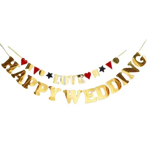 Bannière de mariage joyeux, bannière de mariage avec 8 guirlandes lumineuses de fées LED à Mode de scintillement, guirlande de pancartes suspendues, botte Photo de fanion