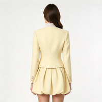 Ensemble deux pièces en tweed jaune pour femme, veste sans col à boutons dorés, mini-jupe bouffante, tenue élégante de printemps pour le bureau, costume de mode