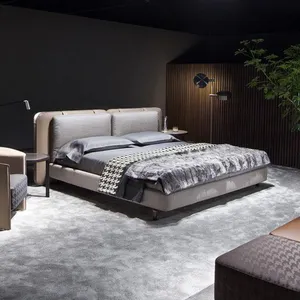 OKF OEMODMベッドルーム家具フル無垢材フレームシングルダブル高級ベッド最新布張りベッドキングクイーンサイズベッドデザイン