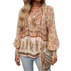 Blusa de Verano Informal de Estilo Bohemio con Estampado Floral y Cuello en V, de Media Manga, Transpirable, a la Moda, para Mujer - Product Image 1