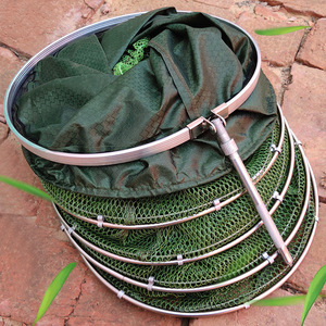 Nouveau filet de pêche pliable à double anneau en nylon avec cadre en acier inoxydable, couleur vert militaire, pour la pêche en extérieur - Product Image 1