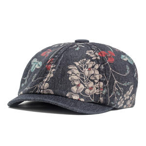 Chapeau béret octogonal en denim délavé avec impression de fleurs en coton pour femmes Casquettes - Product Image 5